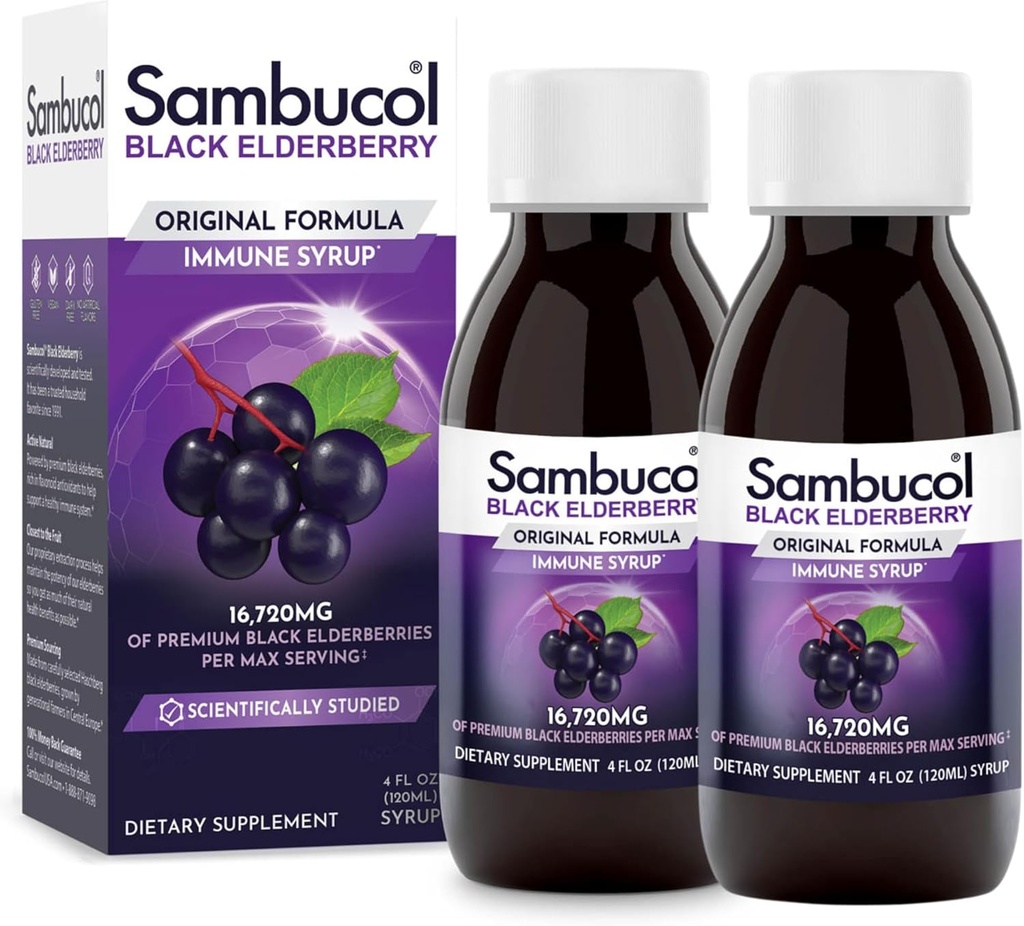 Sambucol Black Elderberry Syrop - Sambucus Elderberry Syrop, Black Elderberry Płyn, Wsparcie immunologiczne dla dzieci i dorosłych, Wysokie przeciwutleniacze, Gluten Free - Oryginalna formuła, 4 Fl Oz, 2- Pack