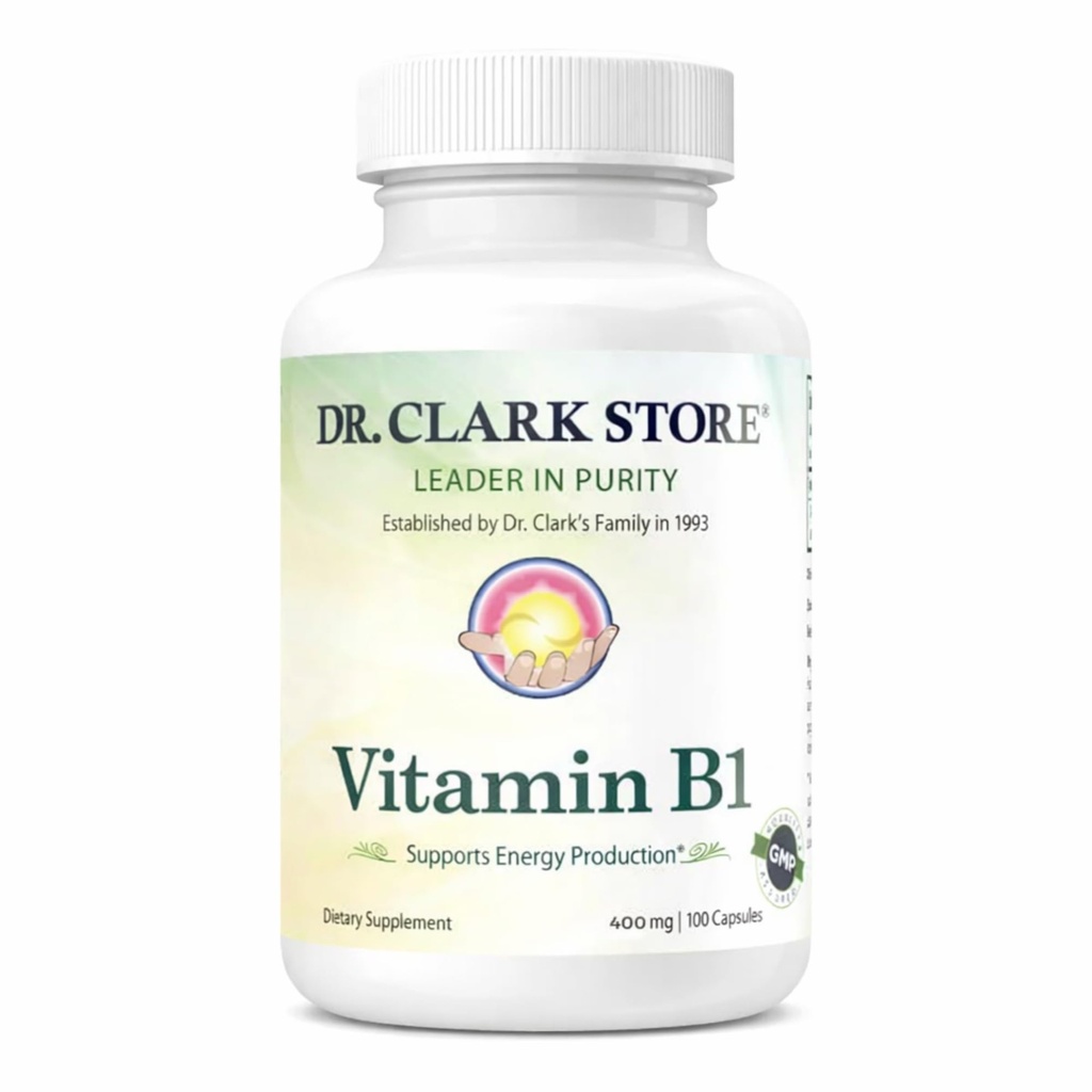 Dr Clark Witamina B1 Tiamina 400mg Suplement - Tiamina B1 Suplement do Zdrowego Systemu Nerwowego i Energii Metabolizm, Bezglutenowy, Bezmleczny - 100 Kapsułki żelatyny