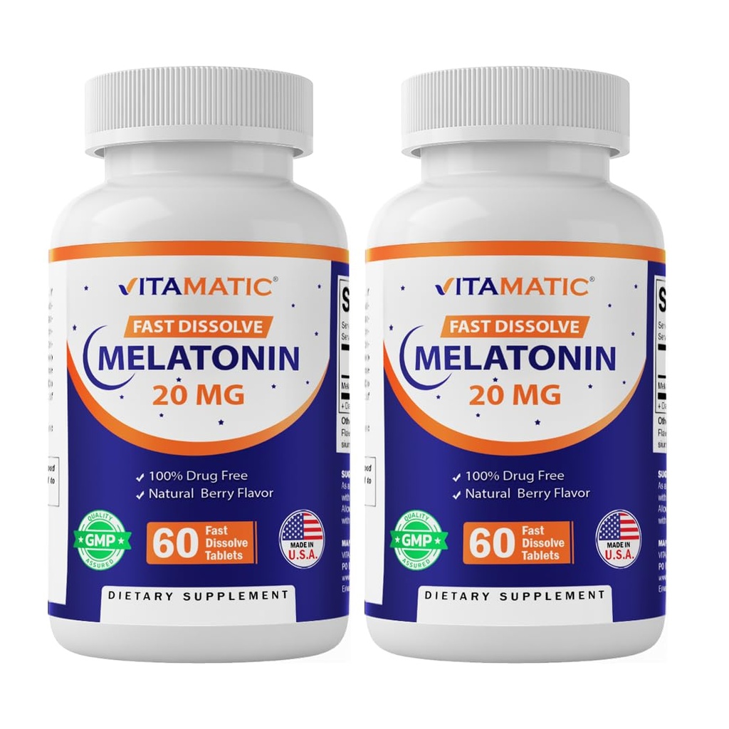 Vitamatic 2- Pack High Potency Melatonin 20 mg - 60 Szybkie rozpuszczanie tabletek Total Fast- działając wsparcie snu - Natural Berry Flavor 124; Wegetarianin