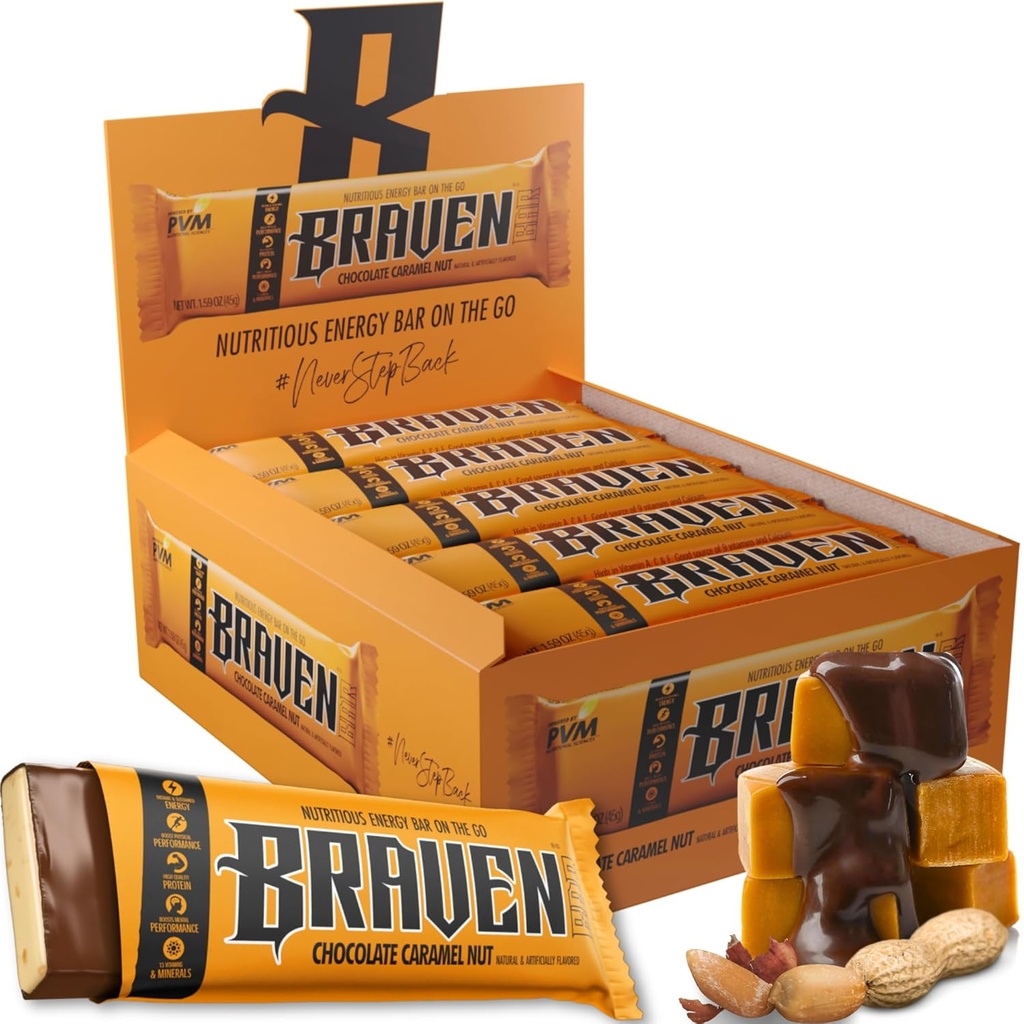 Braven Bar Czekoladowy Karmel Nut Energy Bars (1.59 oz, Pack of 20) - Przeżuwacze energetyczne z 5 g białka - On- the- Energy Snacks for Running, Turystyka piesza i sport - Gluten Free Snacks for Trwała Energy Boost