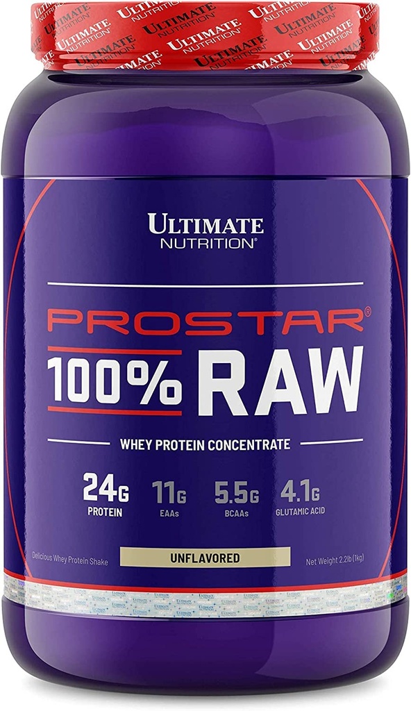 Ultimate Nutrition RAW Proszek z koncentratu białka serwatki bez dodatku składników lub aromatów - 24 Gramy białka na porcję z 5,5 Grama BCAA, 2,2 funty, bez smaku
