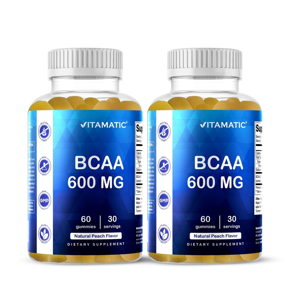 Gumki BCAA Vitamatic - Branch Chain Amino Acid Supplements - Peach Flavor - 600mg na jedną porcję - 60 żelek na bazie pektyny wegańskiej (2 butelki)