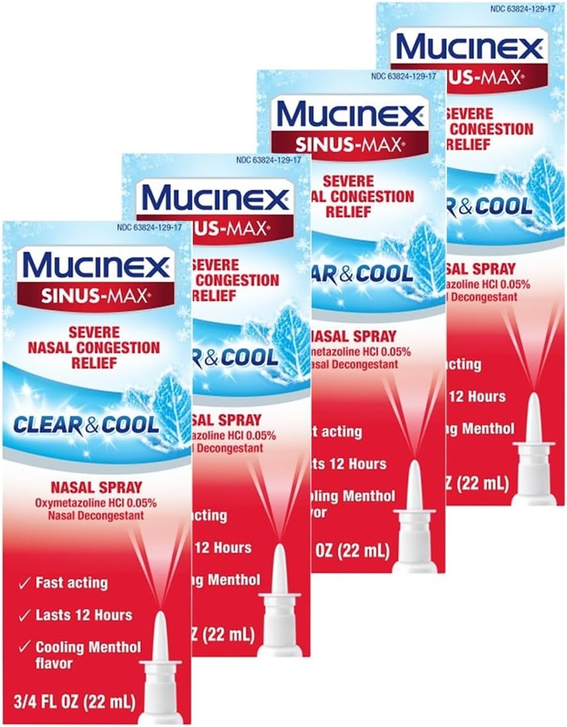 Mucinex Nasal Decongestant Spray, Sinus-Max Ciężkie zatory nosowe Ulgi wyraźne i chłodne Nasal Spray, Trwa 12 Godziny, Szybkie aktorstwo, Chłodzenie Menthol Flavor, Opakowania może Vary, 0,75 Fl Oz (Pack of 4)