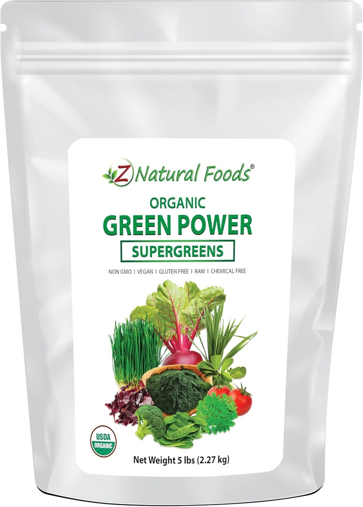 Z Natural Foods Organic Greens Superfood Powder - Barley Grass, Wheatgrass, Spirulina, Szpinak, Brokuły, Alfalfa Leaf, Burak Root, Pomidor, Dulse & Moringa - Raw Vegan Gluten Free - 5lbs