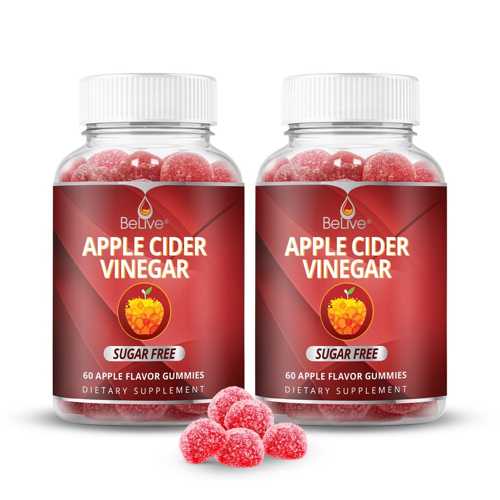 BeLive Jabłko Cydr Cukier Wolne Gumiaki - Doskonały dla trawienia & Zdrowa Dieta - Gluten Free, Bez syropu glukozowego, Gummeje ACV Alternatywne do Kapsułki & Drink (120 Ct) - 2 Pack
