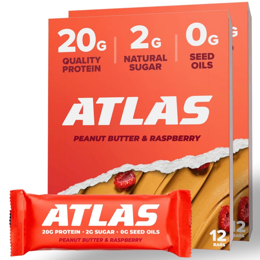 Atlas Protein Bar, 20g Protein, 1g Sugar, Clean Ingredients, Gluten Free (Peanut Butter Raspberry, 12 Count (Pack of 2))