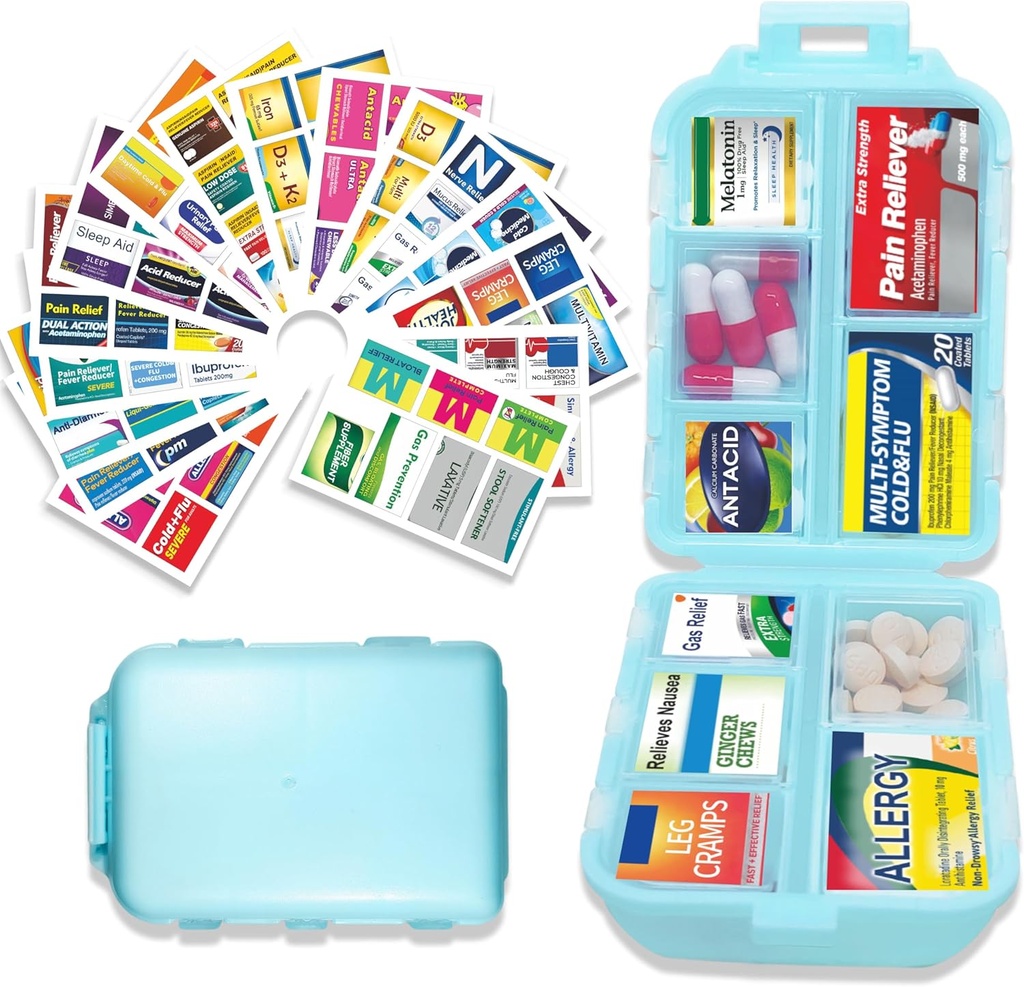 Pill Organizator z etykietami medycznymi 146 Etykiety Travel Daily Pill Container Mini Medication Organizer Storage Pill Organizer Travel Essentials Pill Case 7 Day (Niebieski, 1 Pack (Duży))