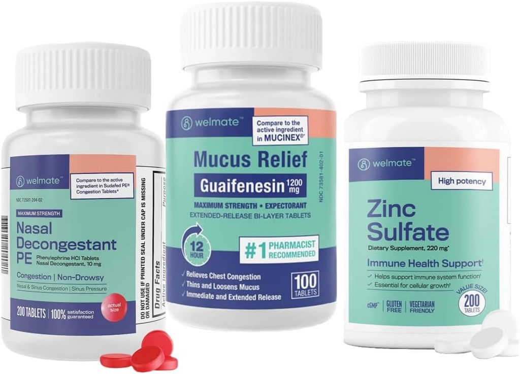 WELMATE Ultimate Cold & Allergy Relief Bundle: Maksymalna moc Guaifenesin 1200 Mg Mucus Relief (100 tabletek), Fenylephrine HCl 10 mg Nasal Decongestant (200 tabletek) i Cynk siarczan 220mg