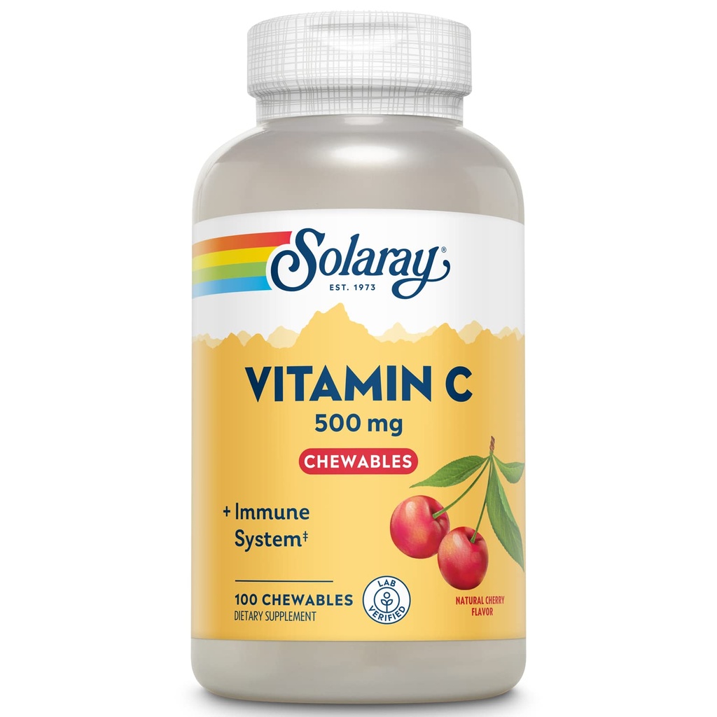 SOLARAY Witamina do żucia C 500 mg, Naturalny aromat wiśniowy z naturalnymi słodzikami, przeciwutleniacz i suplement wsparcia immunologicznego z całą bazę żywności, 60- Day Guarantee, 100 Servings, 100 Chewables
