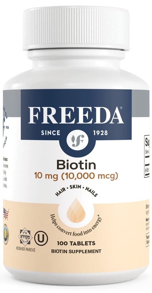 FREEDA Biotin 10,000 µg - Koszerne włosy, skóra i paznokcie Suplement - Wysoka potencja B7 do wzrostu włosów i silnych paznokci - Wegańskie tabletki z D- Biotin - 100 małych tabletek