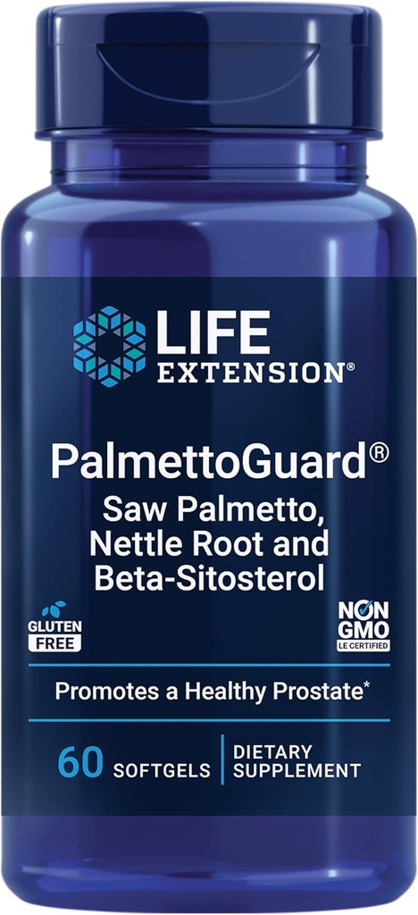 Life Extension PalmettoGuard ® Saw Palmetto, Nettle Root i Beta- Sitosterol, Wspiera zdrowe funkcje prostaty i hormon Metabolizm, 160 mg Saw Palmetto dla mężczyzn, Gluten- Free, Non-GMO, 60 softgels