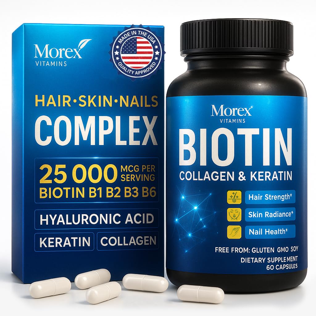 Biotin Keratin & Collagen Kapsułki - Wyprodukowane w USA - Natural Collagen, Keratin & Biotin do wzrostu włosów - Biotin & Collagen Witaminy z multi Collagen Peptydy do utraty włosów, skóry i paznokci - 60 Czapki