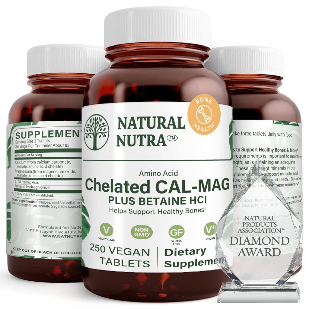 Natural Nutra Chelated Wapnia Magnez 1000 / 500 mg Suplementy Plus Betaine HCL - Chelated Cal Mag Poprawia gęstość kości, Wspiera mięśnie, Zęby, układu krążenia i Nerwy Zdrowie, 250 Wegańskie tabletki