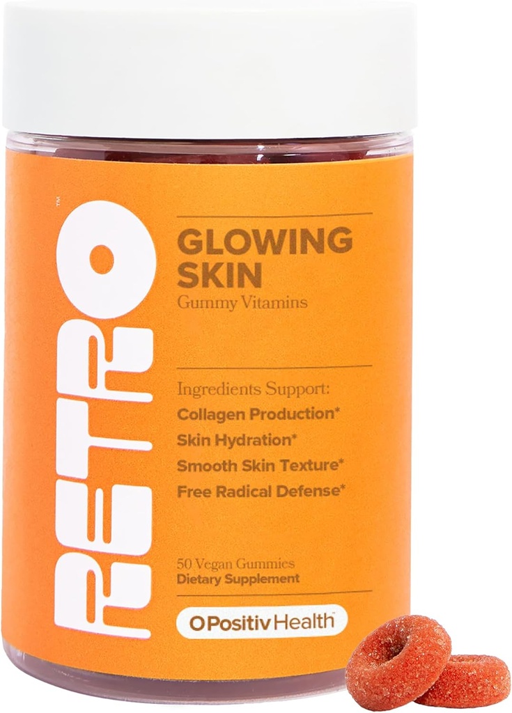 O Pozytiv RETRO Gummy Gloving Skin Witaminy dla Collagen Production- Astaksantyna, Witamina E, Bamboo Extract, Hibiscus & Witamina C - Wegańskie Gummies skóry dla gładkiej skóry i nawodnienia, 50 Hrabia (Opakowanie 1)
