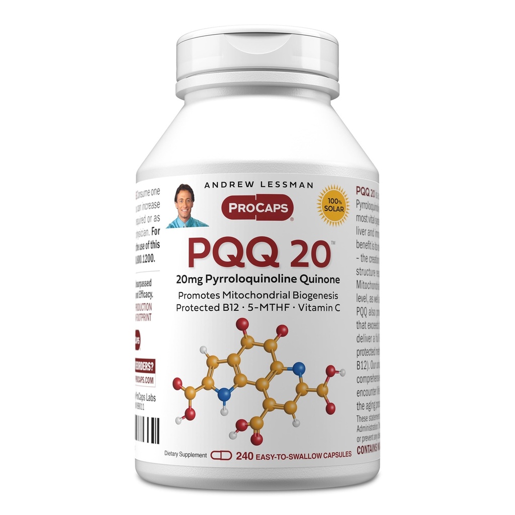 ANDREW LESSMAN PQQ 20mg - 240 kapsułki - 20 mg Pyrrolochinolina Quinone, Natural Protective Compound wspomaga Vital Organs, Heart, Mózg, Wątroba, System immunologiczny. Biogeneza mitochondrialna, brak dodatków