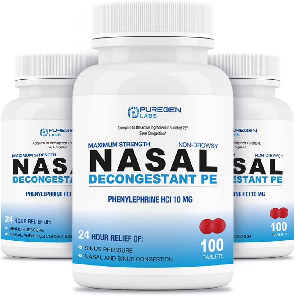 Puregen Labs Nasal Decongestant PE 3 Pack - 300 Tablets Total Equipment 124; Fenylephrine HCl 10 mg Ethiopian 124; Maksymalna wytrzymałość 124; Non Drowsy Nasal & Sinus Congestion Relief Ze względu na zimno lub alergie