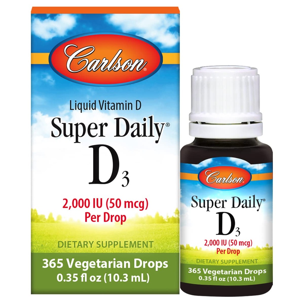 Carlson - Super Daily D3, Witamina D Dropy, 2000 IU na kroplę, 1-Rok dostaw, Witamina D3 Płyn, Serce i zdrowie immunologiczne, Wegetarianin, Płynna Witamina D Dropy, Unflavored, 365 Krople