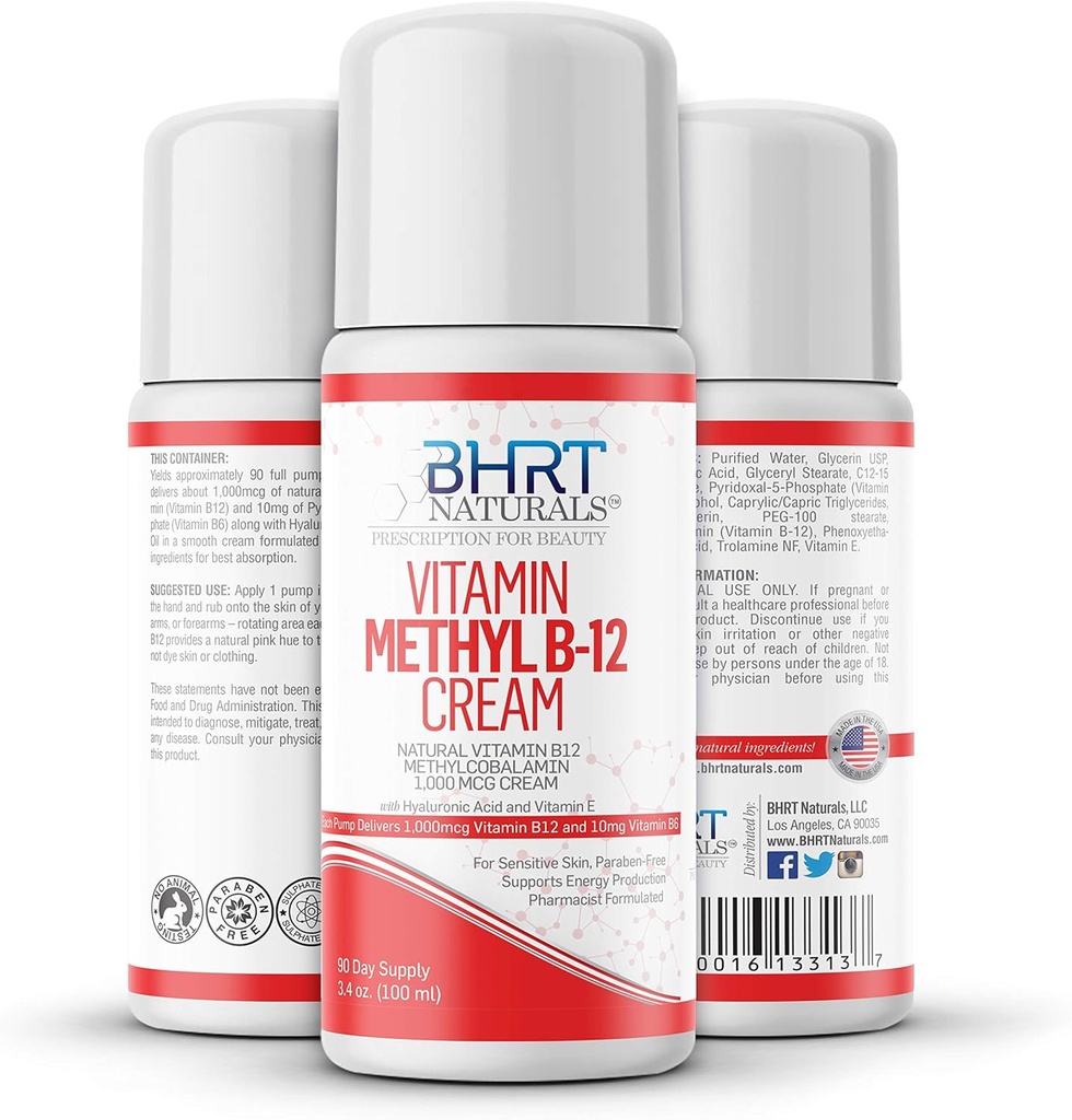Witamina B12 Cream 1000mcg - Farmaceutyk Formulated - All Natural Methylcobalamine (Metyl B12) & Witamina B6 Cream for Energy, Mood, & Heart Health - Pomaga z wypryskiem i łuszczycą - USA MADE