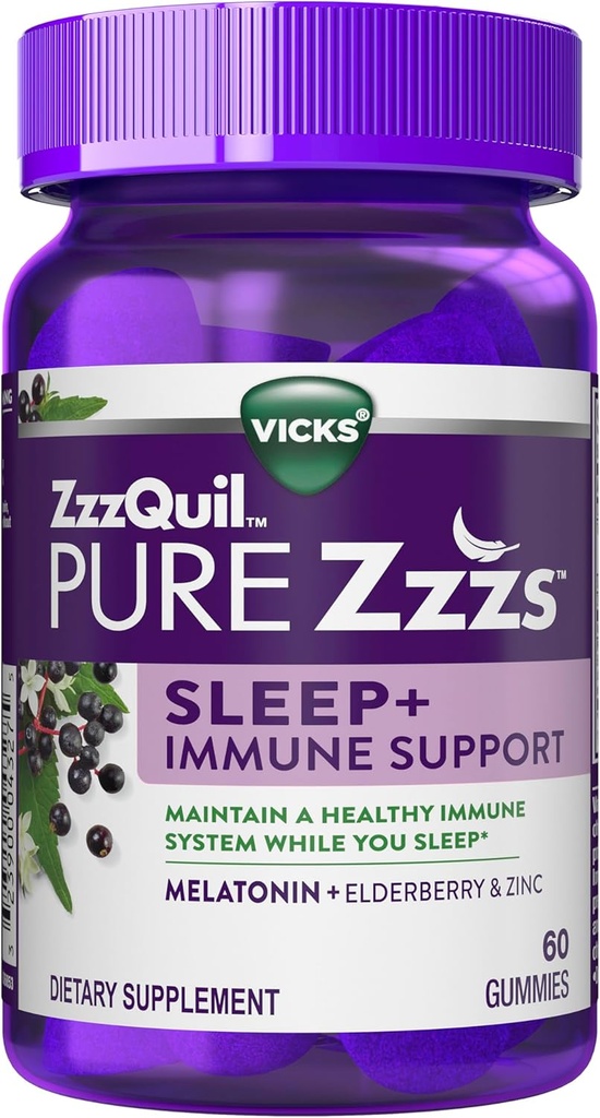 ZzzQuil Pure Zzzs Sleep + Immune Support Melatonin Sleep Aid Gummies z Elderberry, Cynk, Rumianek, Lavender, & Valerian Root, 1 mg na Gummy, 60 µg