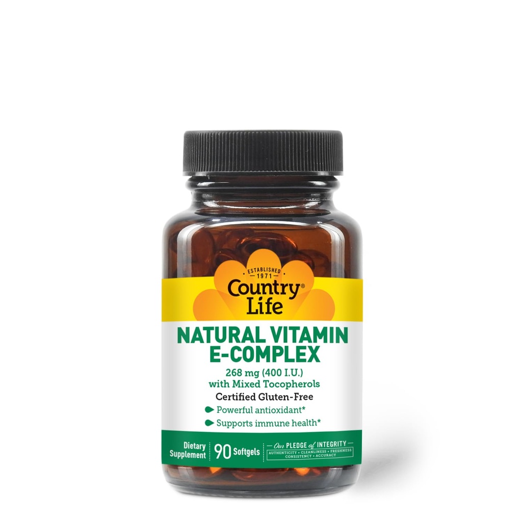 Country Life Witamina E- Complex 400 IU - Naturalne mieszane tokoferole - Przeciwutleniacz i wsparcie immunologiczne - Promotes Skin Health & Fights Oxidative Stress - Certified gluten- Free - 90 Softgels