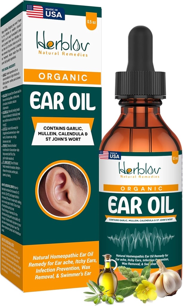 Organiczny olej uszny do zakażeń ucha - Naturalne krople do zapobiegania zakażeniom, Usuwanie Uszy i Wosk pływacki - Dzieci, Dorośli, Dziecko, Pies Erache Remedy - z Mullein, Czosnek, Kalendula, Made in USA