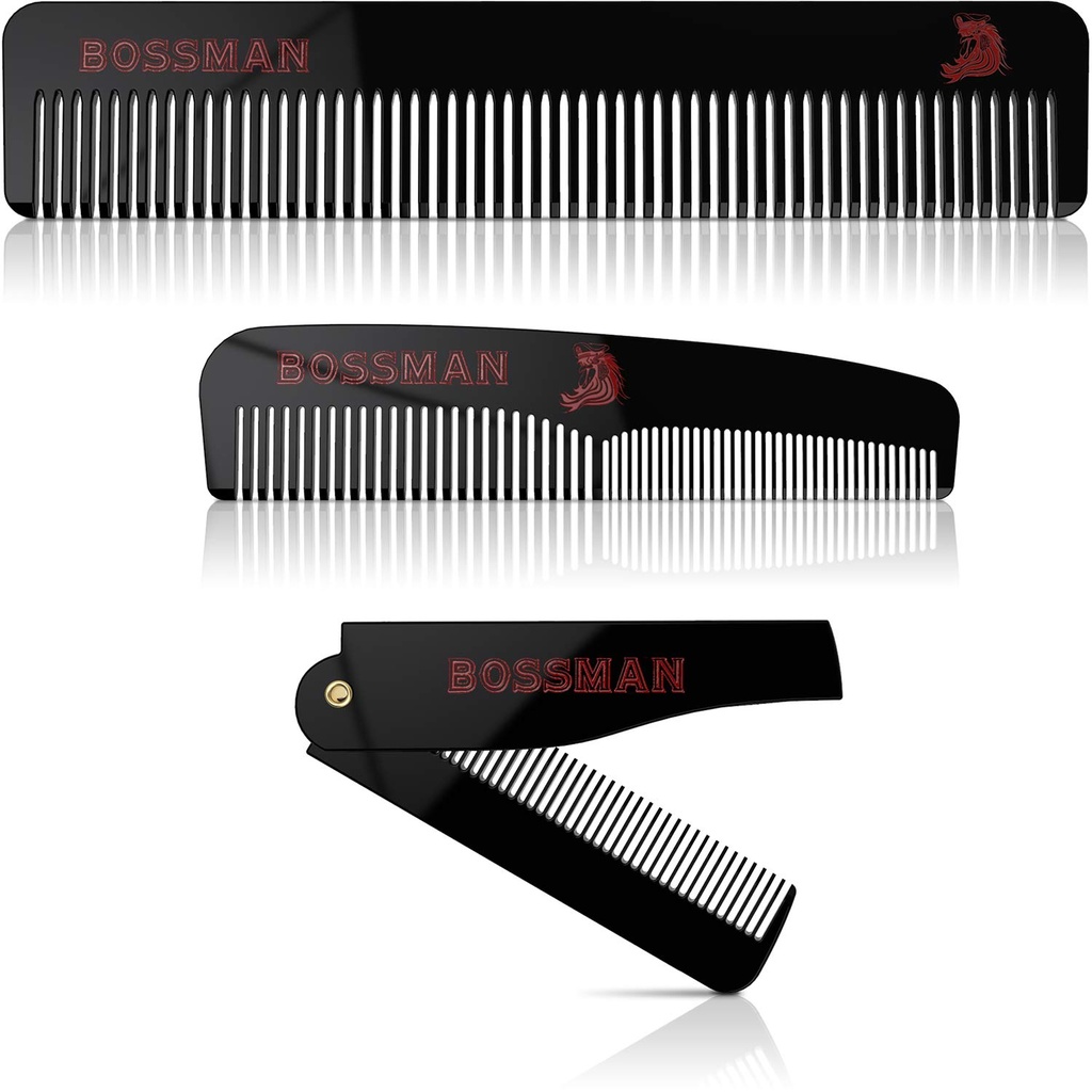 Bossman Acetate Beard, wąsacz, & Włosy Comb Set 3 - Combs for Men with Minimalistic Magnetic Box (7.5- Inch, 5- Inch, 3.5- Inch) - Cechy Zaokrąglone zęby, Podwójne-Sided Teeth i Foldable Design