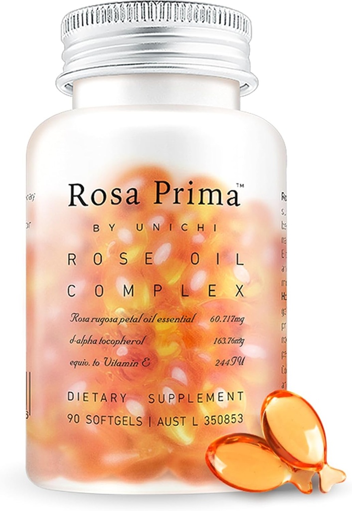 Unichi Rose Oil witamina E Suplement do zdrowia i regeneracji skóry, Menstrual Cycle Mood Management, Odśwież oddech, 90 Softgels