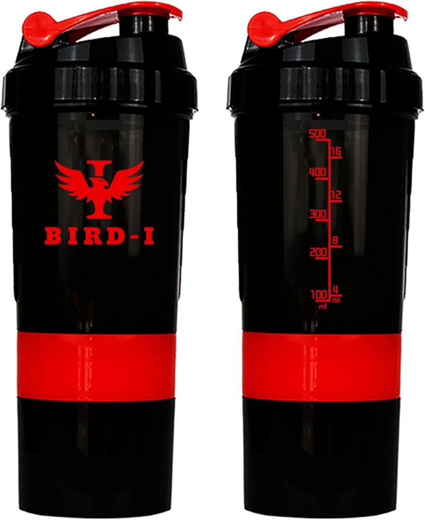 BIRD-I Gym Shaker protein, 3- in-1, 500ml / 16.9oz, BPA- Free, Metal Mixer. (RED), JT4101
