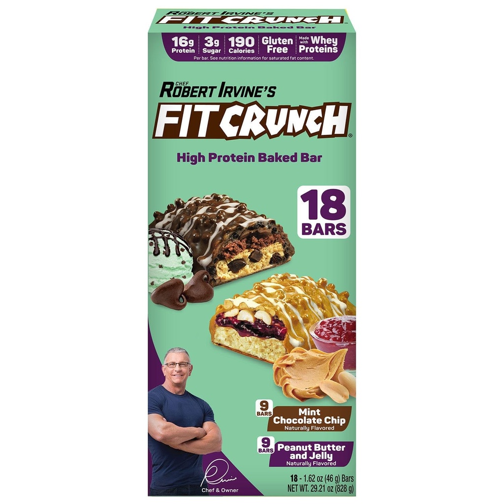 FITCRUNCH Bary protein, Przekąski Rozmiar Pack Variety, Gluten Free (18 Bary, miętowy Czekoladowy Chip i masło orzechowe galaretka)
