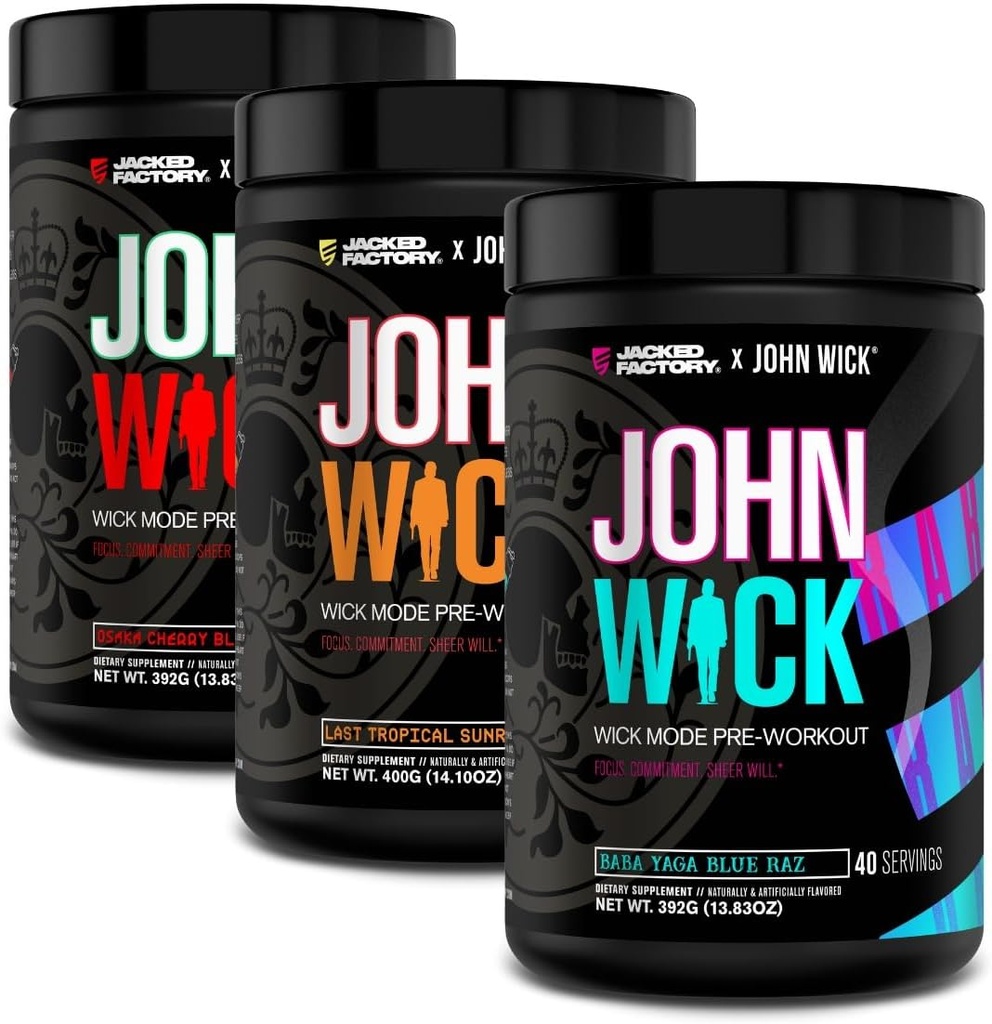 Jacked Factory X John Wick - Wick mode pre Workout Powder - Intensywna energia, Battle- Ready Focus, Niepowstrzymane zaangażowanie i Sheer Will - 120 Sług (3- Pack)