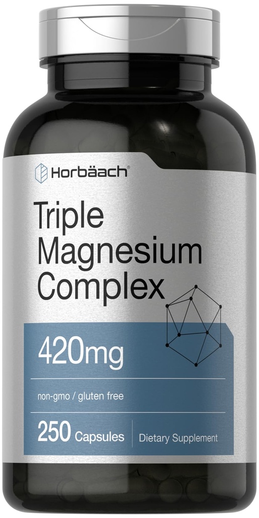 Horbäach Triple Magnezu Complex 124; 420 mg XI124; 250 Kapsułek XI124; Non- GMO i Gluten Free Formula XI124; Magnezu tlenek, Cytrate i Asparaginian Suplement diety