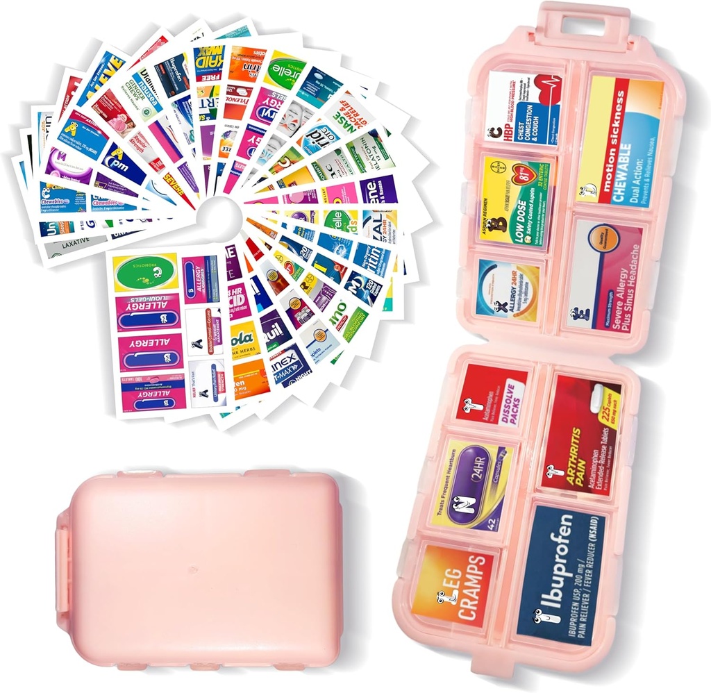 Pil Organizator z etykietami medycznymi 161 Etykiety Travel Daily Pill Container Mini Medication Organizer Storage Pill Organizer Travel Essentials Pill Case 7 Day (Pink, 1 Pack)