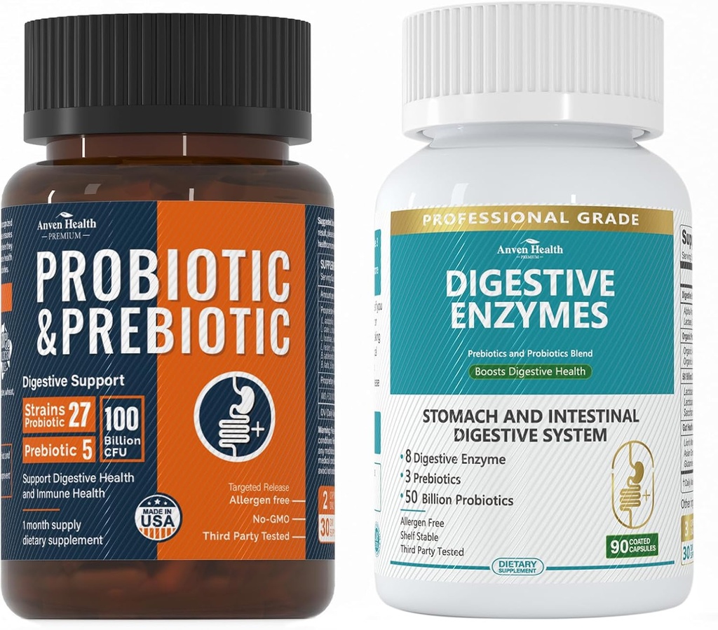 Total Gut Health Boost Bundle: Enzymy Żywieniowe + 100 Miliard Probiotyki dla mężczyzn i kobiet - Bloating, Relief Trawienny i Wsparcie immunologiczne