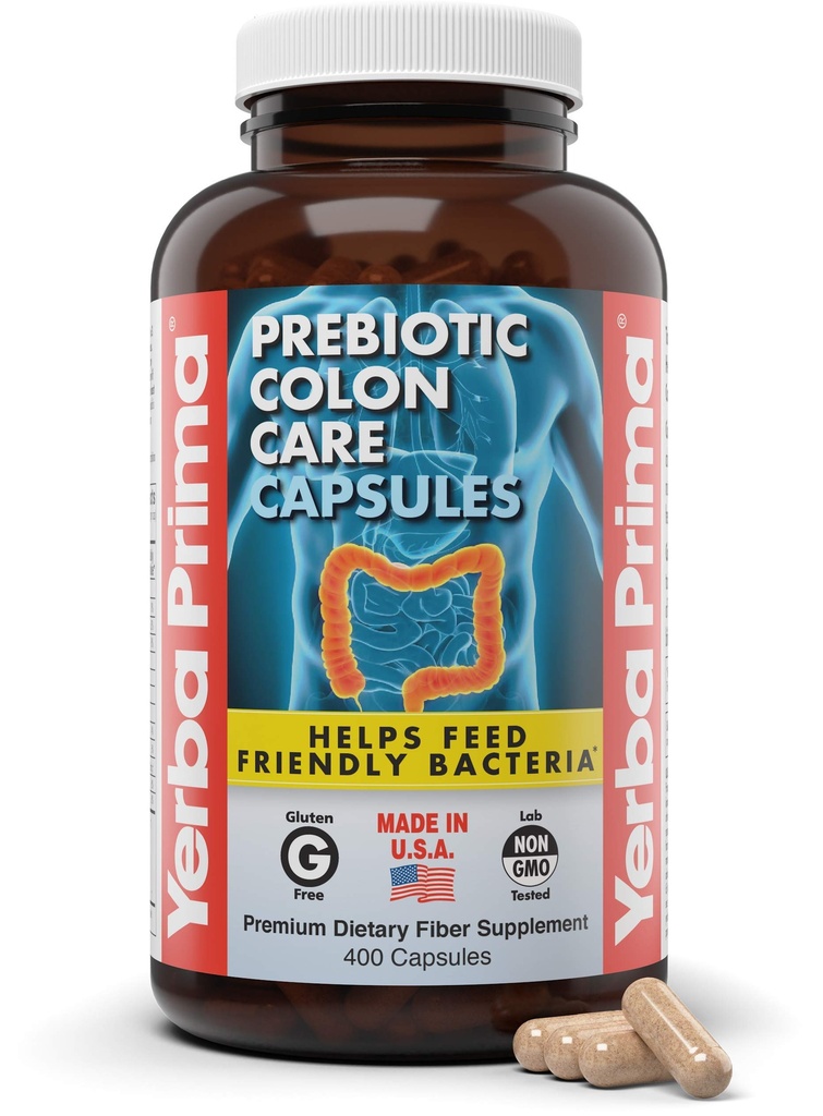 Yerba Prima Prebiotic Colon Care Kapsułki, 400 Czapki - Pięć form Fiber Plus FOS Prebiotyki - Dietetyczny suplement zdrowia - Zdrowe rozpuszczalne i nierozpuszczalne włókna dla regularności i wsparcia pokarmowego