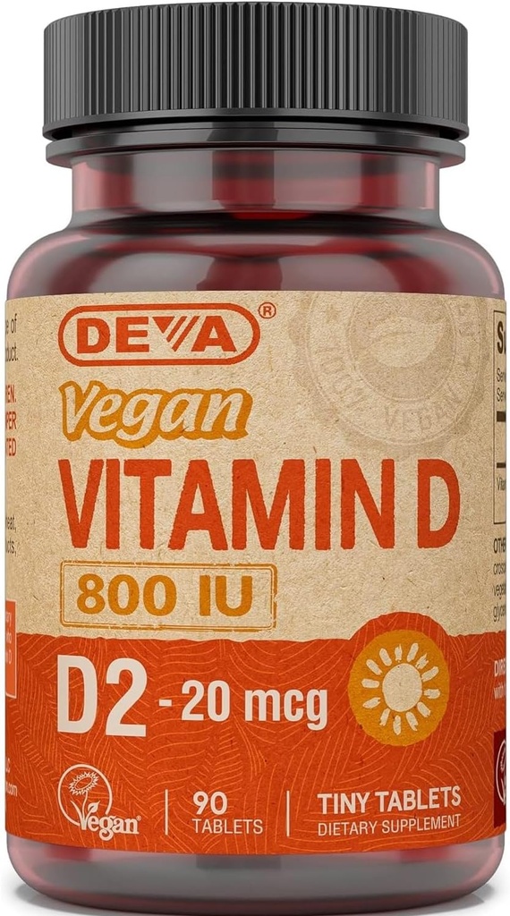 Deva Vegan Witamina D2 800 IU, Suplement Ergokalcyferol bez składników zwierzęcych, Szybko rozpuszczony, 90 Tabletki, 1- Pack