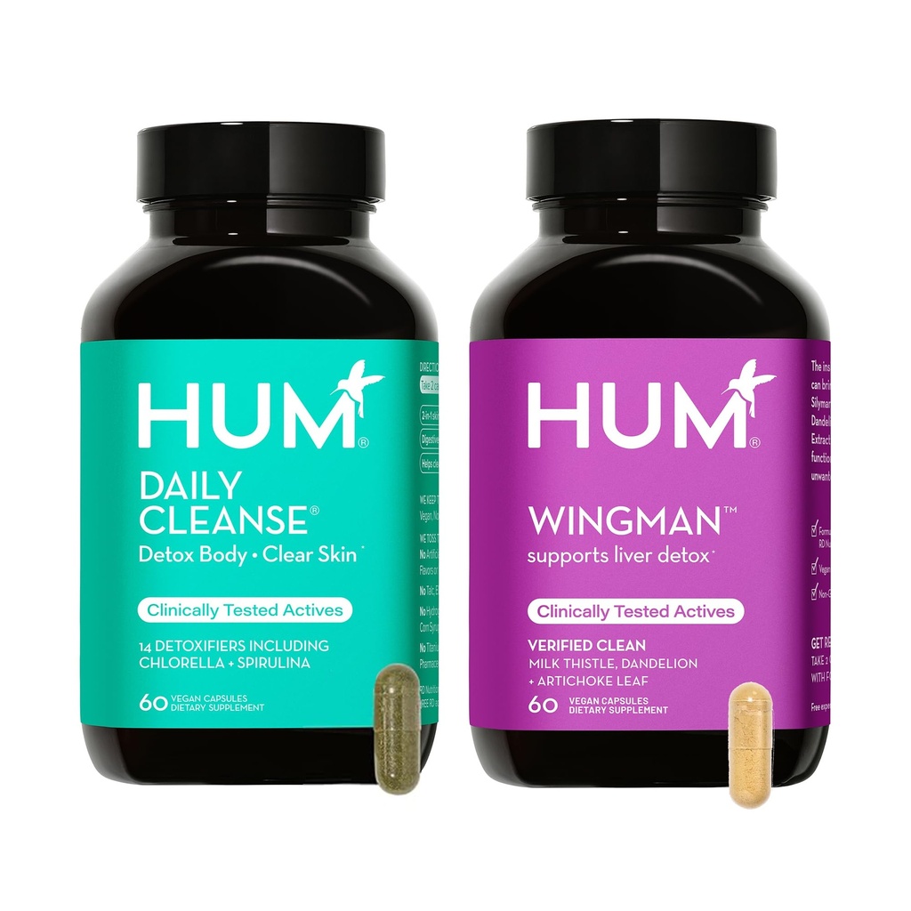 HUM Full Skin and Liver Health Supplement from Nutrition, Wingman and Daily Cleanse A Green Detox & Milk Thistle for Skin Care Support and Liver Health, 2 Pack Bundle, 60 Kapsułki wegetariańskie