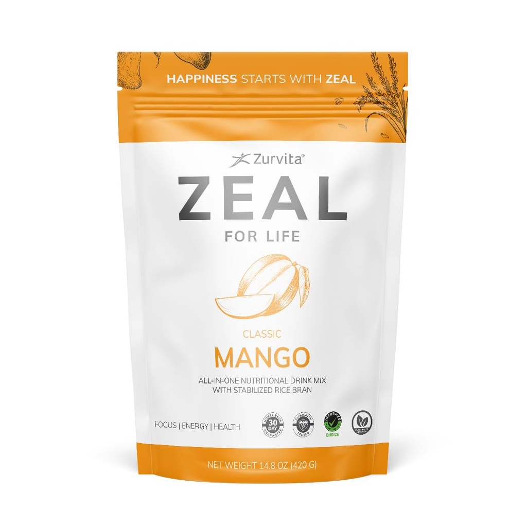 Zurvita Zeal for Life Wellness Drink Mix - Mango Flavor - Gluten- Free, Wegan, z biotyną, Witaminy B12, C, D, E, Żelazo, Magnez - 30 Sług (420g)