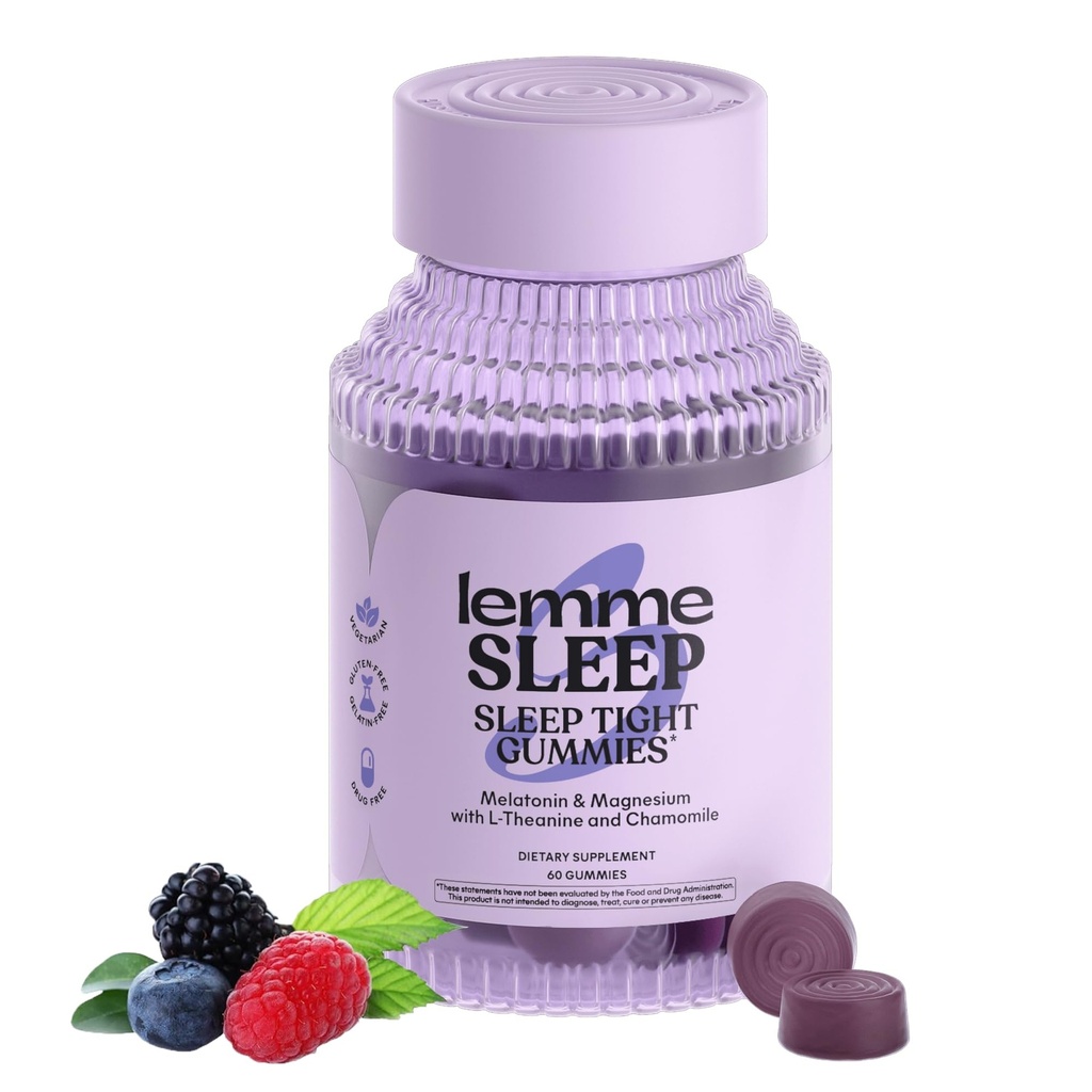 Lemme Sleep Gummies z 5 mg Melatonina, Elderberry, Magnez, L- Theanine, Rumianek i Lavender, Darmowa pomoc na sen, Gluten Free, Żelatyna Free, Nie GMO, Berry Flavored (60 Count)
