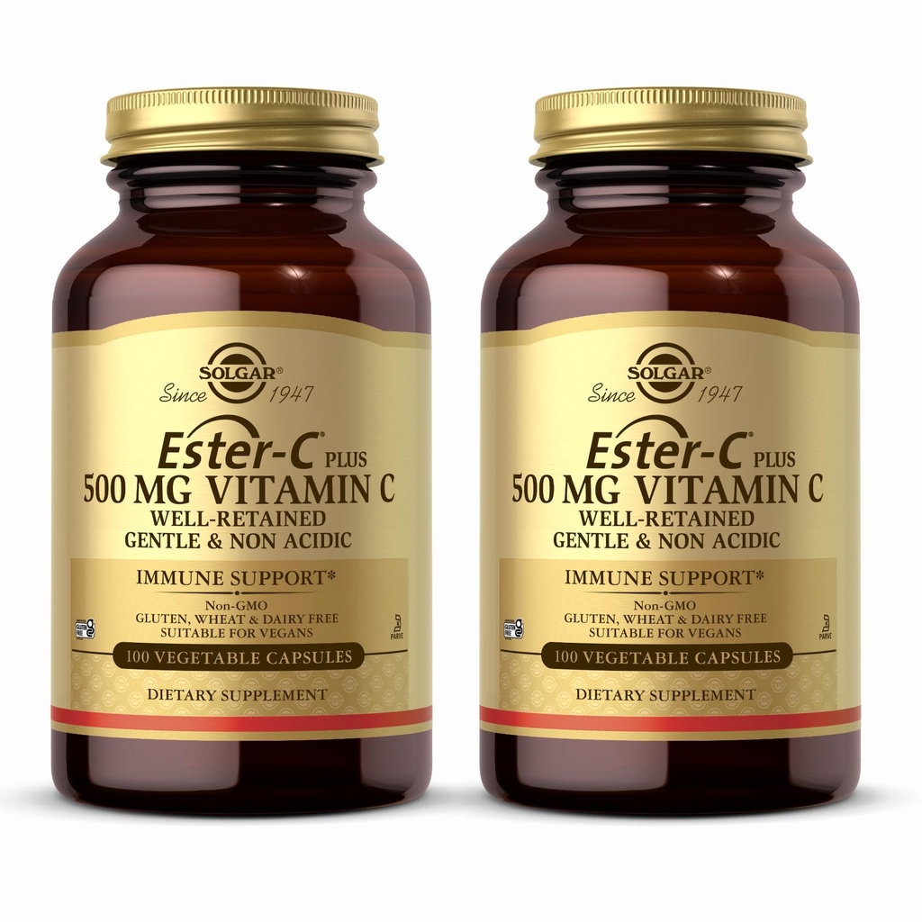Solgar Ester- C Plus 500 mg Witamina C (Askorbinian Complex) - 100 Kapsułki roślinne, Opakowanie 2 - Przeciwutleniacz i wsparcie immunologiczne - Non GMO, Wegan, Gluten Free, Kosher - 200 Sługi ogółem