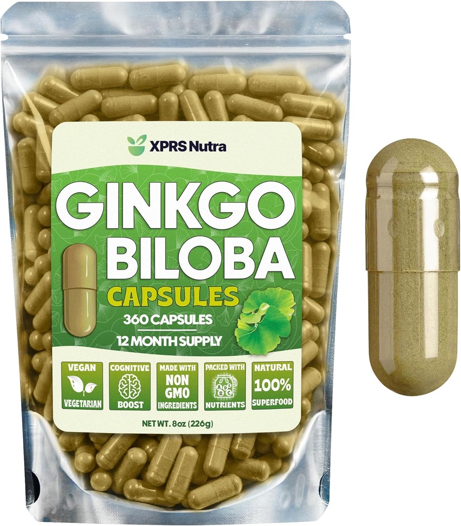 XPRS Nutra Ginkgo Biloba kapsułki - Gingko Biloba Encapsulated Supplements for Cognition - Vegan Friendly Ginkoba Biloba - Immunitet Wzmacnianie Ginkgo Biloba kapsułki - 360 Hrabia