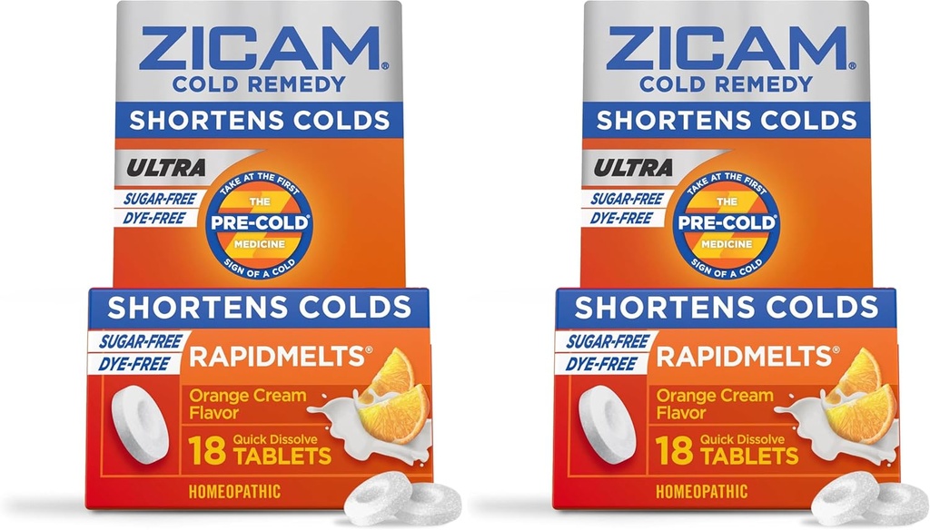 Zicam Ultra Cold Remedy Cynk Rapidmelts, Pomarańczowy aromat kremowy, Homeopatyczny, Cold Shortening Medicine, Skróty zimnego czasu trwania, Cukier wolny, Dye- Free, 18 Count (Pack of 2)