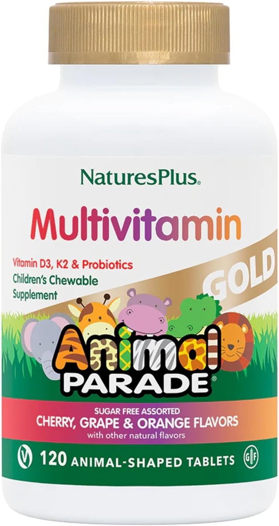 NaturesPlus Animal Parade Gold Multivitamin dla dzieci - Asorpted Cherry, Orange & Grape Flavors - 120 Animal- Shaped Chewable Tablets, Pack of 4 - Wegan, Gluten Free - 240 Razem Sługi