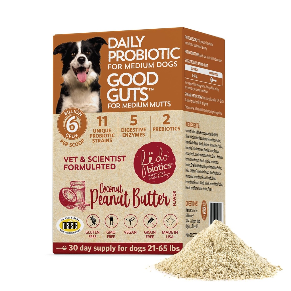 Fidobiotyka Dobre Guts dla średnich kundli Probiotyk dla psów, 6 Miliard CFU, 11 Szczepów, 5 Enzymów Digestive, 2 Prebiotyki, Gut Get zdrowia dla psów, Dorosły i Puppy Probiotyki Suplementy (30 Dni)