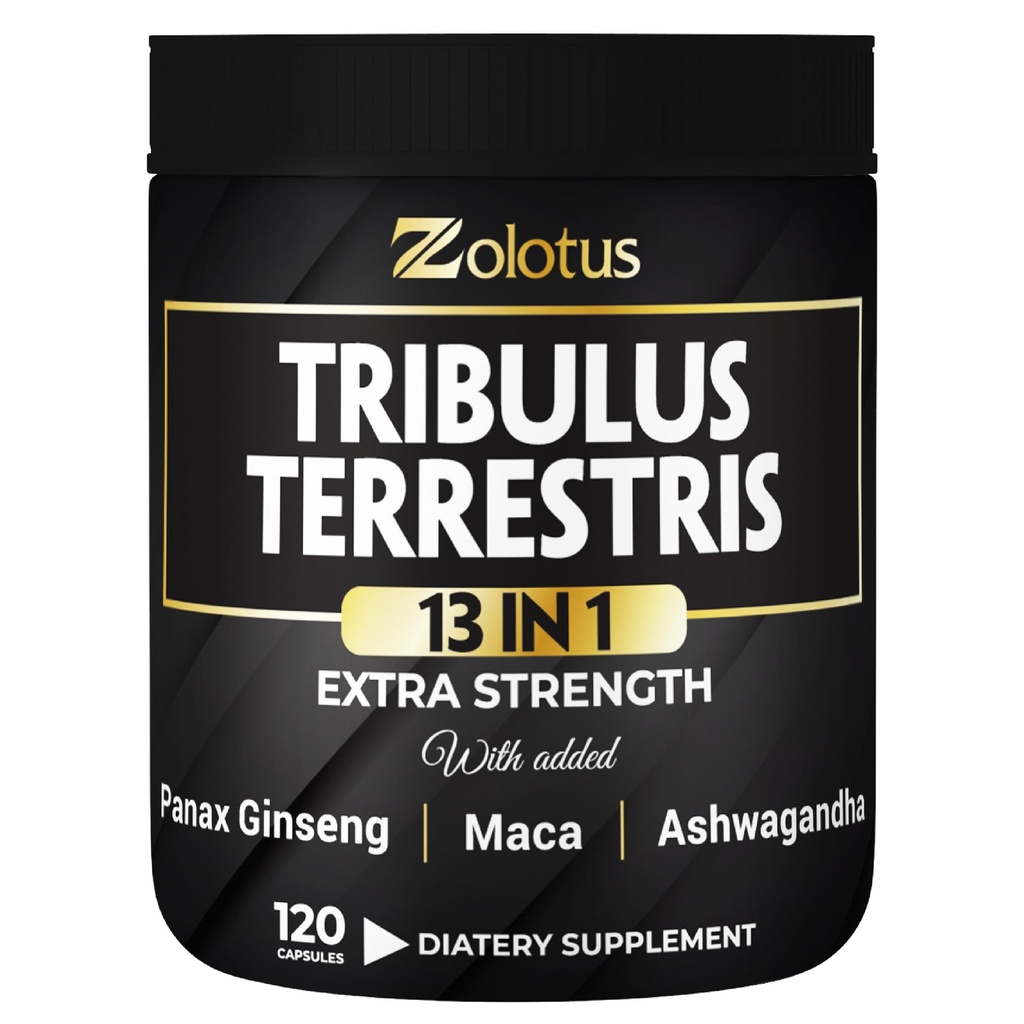 Zolotus 13in1 Tribulus Terrestris kapsułki z Maca, Horny Goat Weed, Panax Ginseng, Saw Palmetto, Tongkat Ali, Shilajit & More - Energia, Suplement Staminy dla mężczyzn i kobiet - 120 Liczby