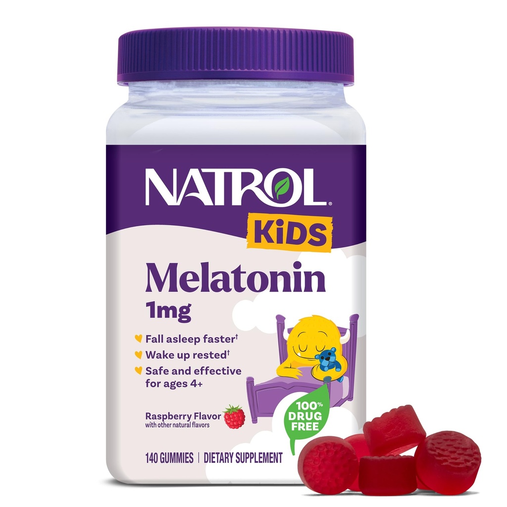 Natrol Dzieci Melatonina Gumiaki 1 mg, Melatonina dla dzieci Restful Sen, 140 Raspberry- Smakowane Gumiaki Sen, 140 Day Supply