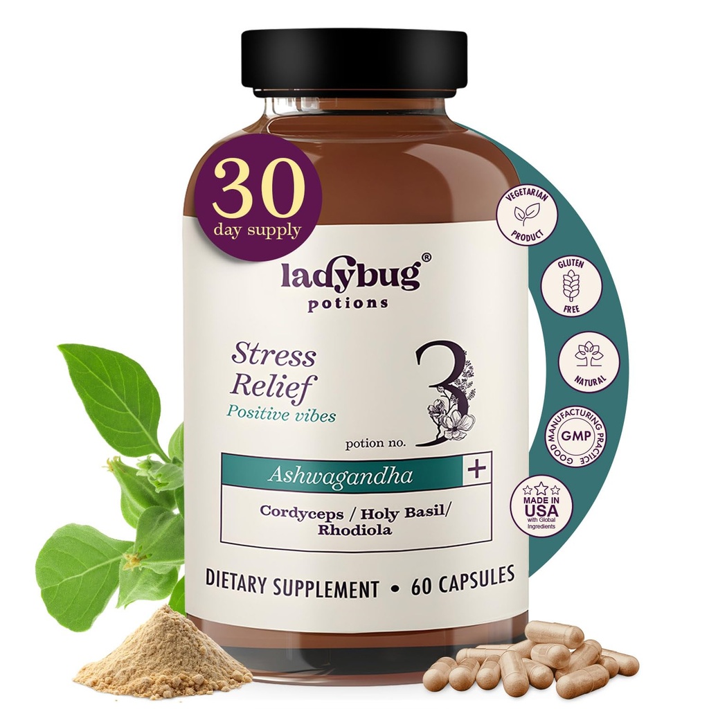 Organic Mood Pills - 60 Capsules Organic Ashwagandha Supplements for Women and Men, Ashwagandha Root Capsules with Cordyceps, Holy Basil & Rhodiola, Reduce Stress, Boosts Mood and Cognitive Function