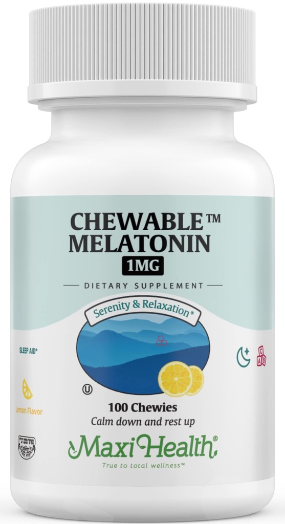 Maxi Health Chewable Melatonin, Kosher Lemon Flavor, Melatonin dla dorosłych i dzieci, Naturalna pomoc dla dorosłych i dzieci, Melatonin Chewables Alternatywna dla Gummies Melatonin Dawka dla dzieci, (100 Hrabia)