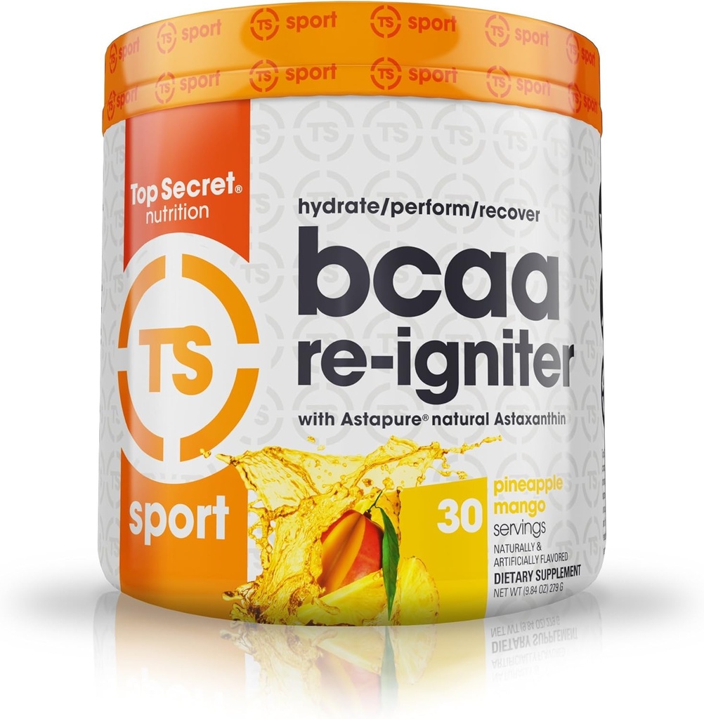 Top Secret Nutrition BCAA Re- Igniter Vegan Acid Supplement z Astaksantyną i Electrolyte, Mieszanka hydracyjna z wodą kokosową, 9.84 oz (30 porcji), Ananas Mango