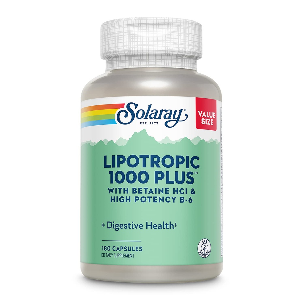 SOLARAY Lipotropic 1000 Plus z Betaine HCl & High Potency B- 6, Zdrowa trawienie, Energia, i tłuszcz wsparcia metabolizmu, Lipotropic Complex Plus Aloe Vera, 60 Dzień gwarancji, 30 Służenie, 180 Kapsułki