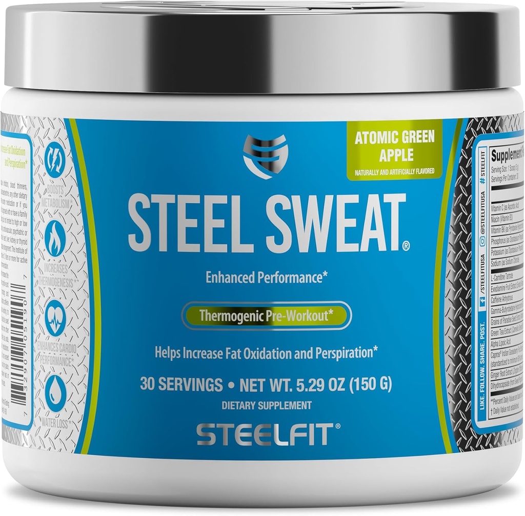 SteelFit Steel Sweat Fat- Burning przed treningiem 124; Boost Metabolizm, Zwiększenie energii, Spalanie tłuszczu i kalorii 124; Zielone jabłko, 30 Służenie